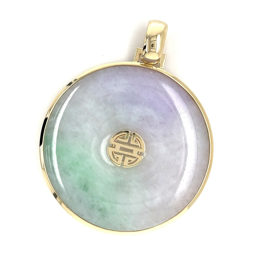 14K Solid Gold & Multicolor Jade Disc Pendant w/ Longevity “Shou” Symbol, 41g
