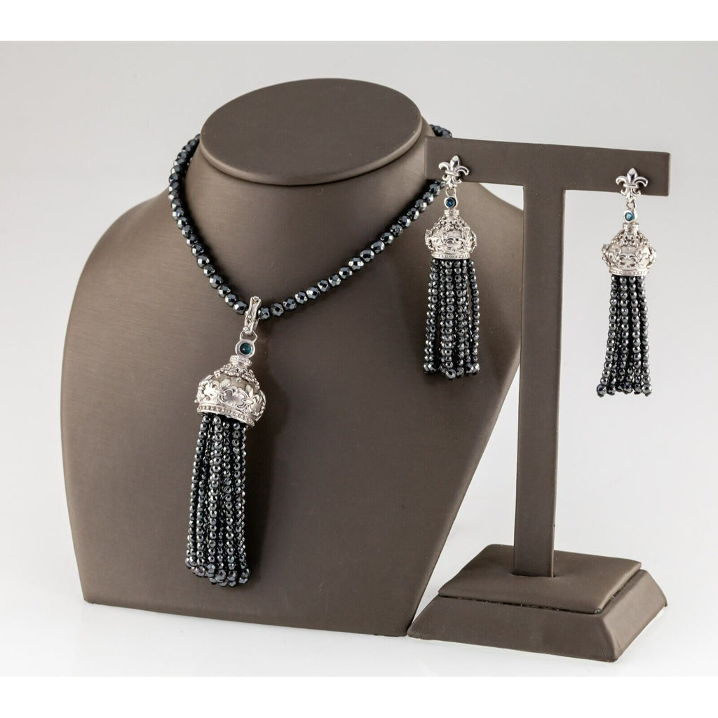 Gems en Vogue Marcasite Bead Necklace with Silver Tassle Enhancer and Earrings