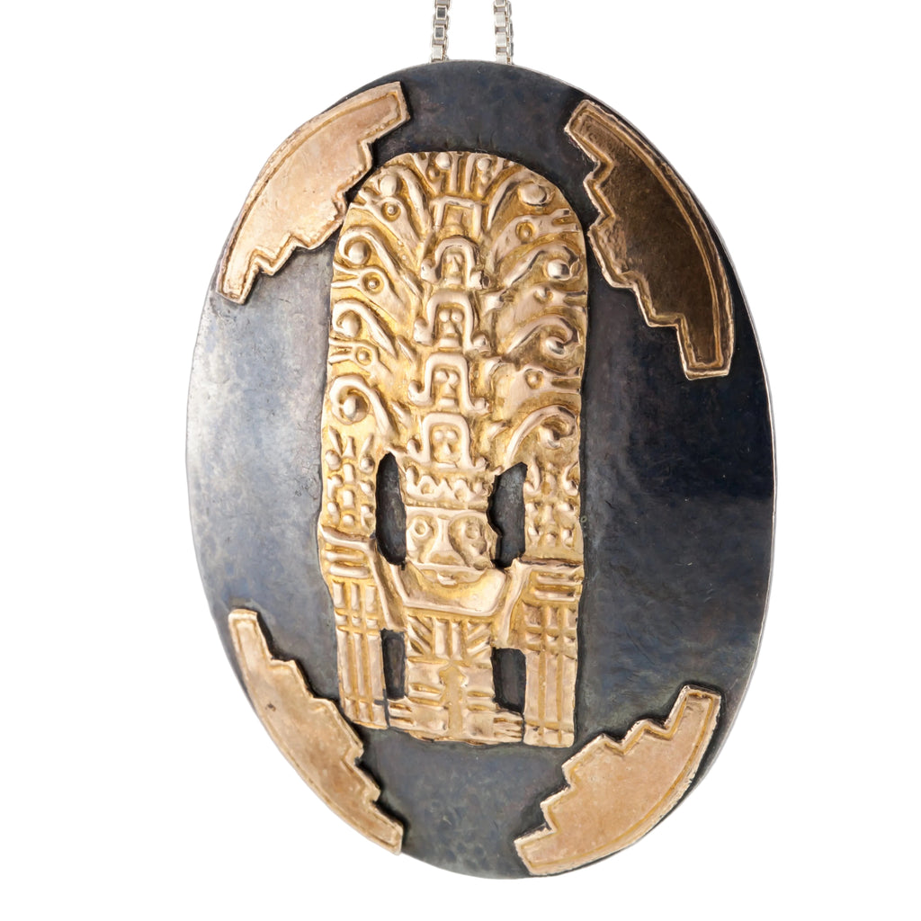 Gorgeous Sterling Silver and 18k Gold Hammered Aztec/Mayan Brooch/Pend ...