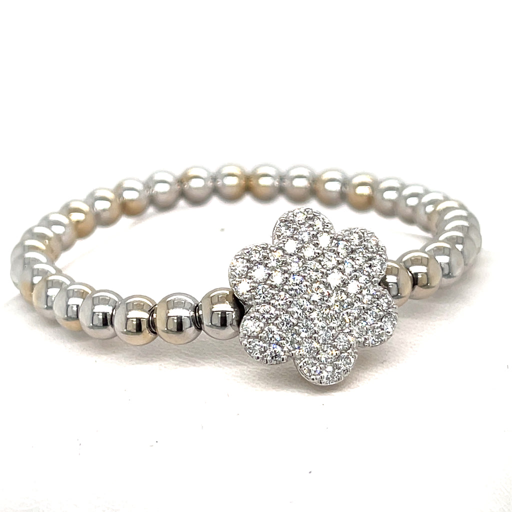 A&G 14k Gold Beaded Flower Stretch Bracelet w/ 1.8ct Pave Diamond Flower