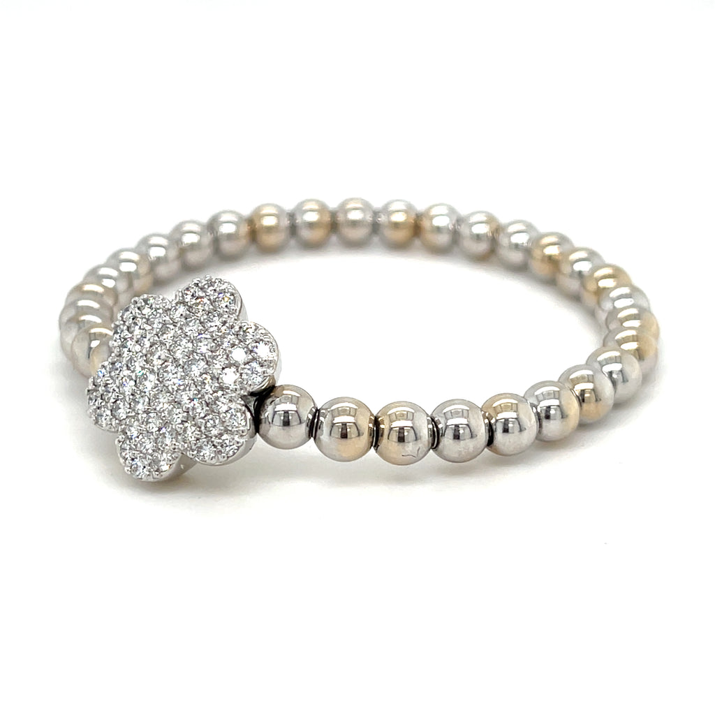 A&G 14k Gold Beaded Flower Stretch Bracelet w/ 1.8ct Pave Diamond Flower