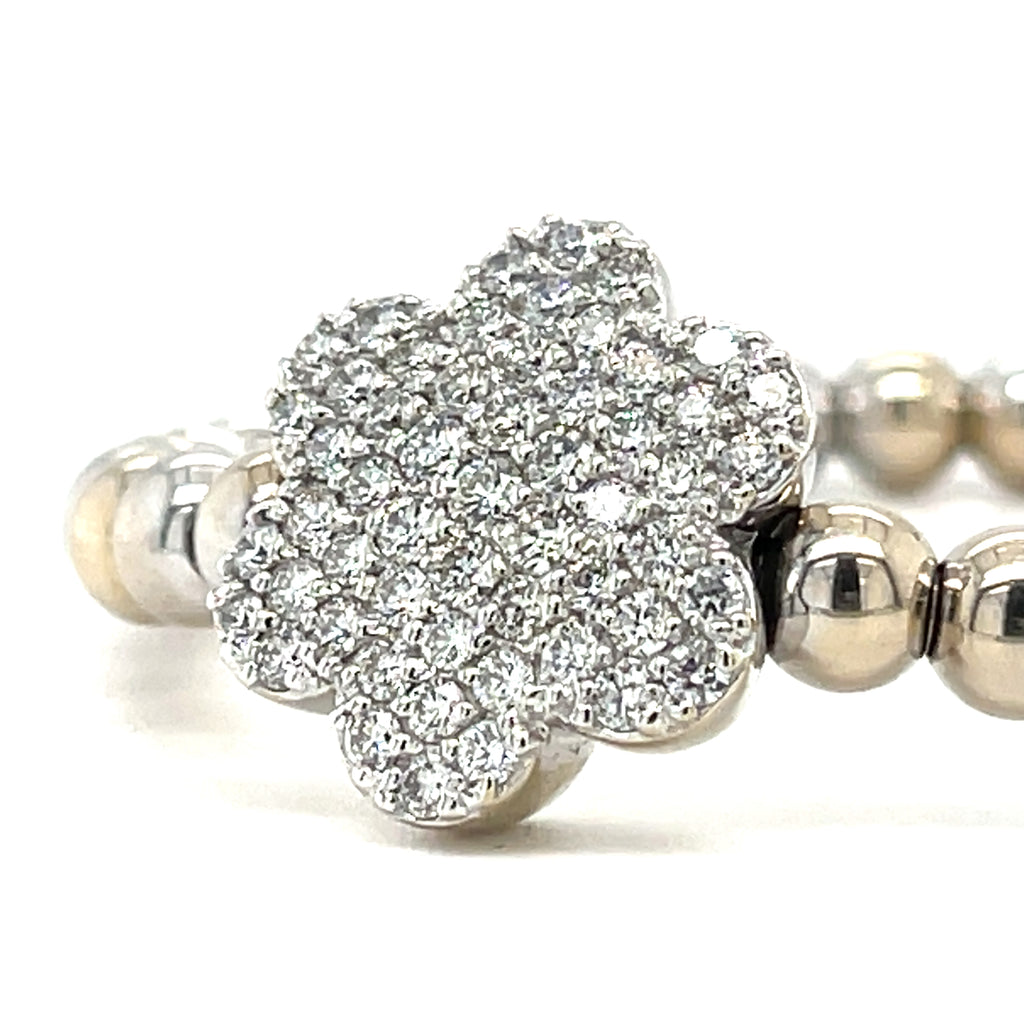 A&G 14k Gold Beaded Flower Stretch Bracelet w/ 1.8ct Pave Diamond Flower