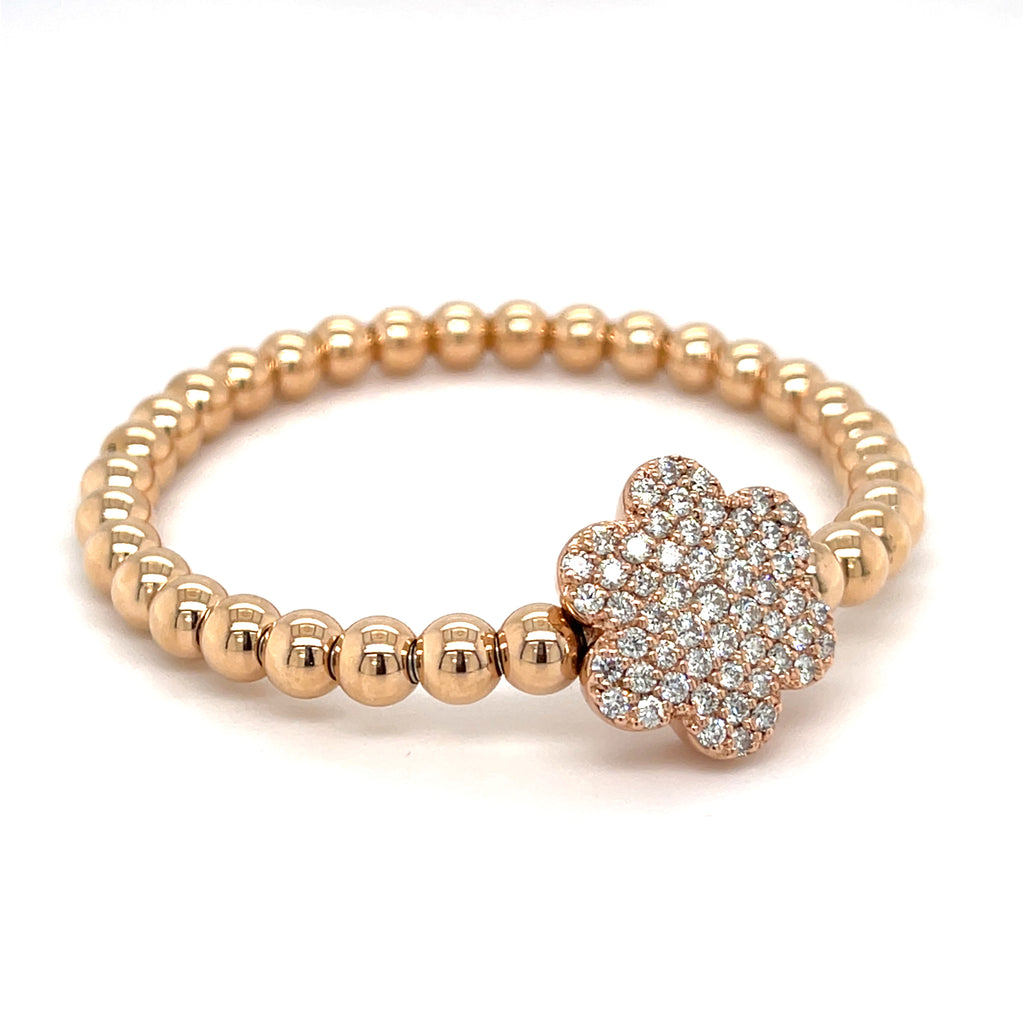A&G 14k Gold Beaded Flower Stretch Bracelet w/ 1.8ct Pave Diamond Flower