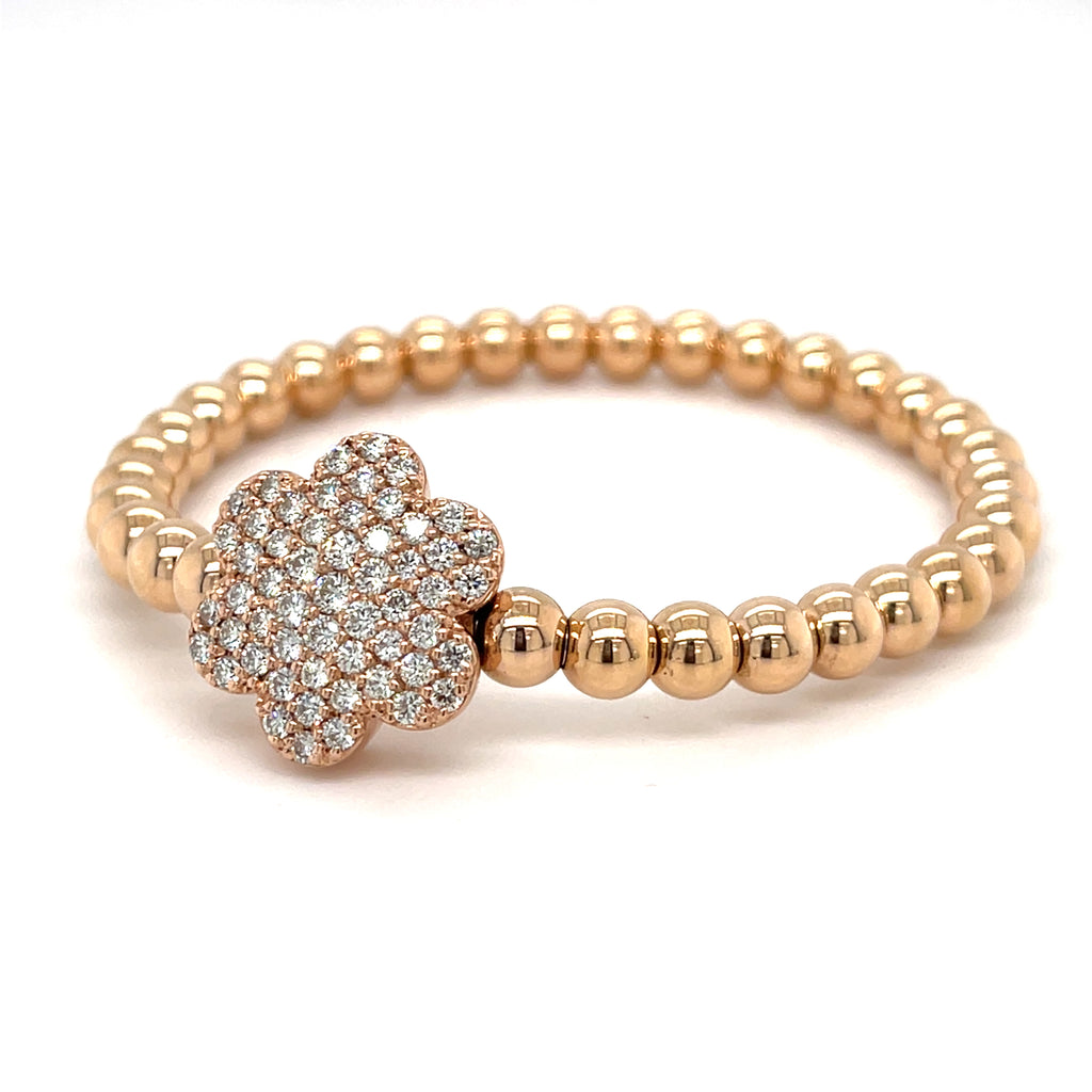 A&G 14k Gold Beaded Flower Stretch Bracelet w/ 1.8ct Pave Diamond Flower