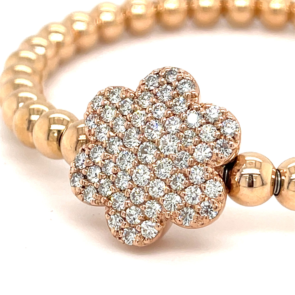 A&G 14k Gold Beaded Flower Stretch Bracelet w/ 1.8ct Pave Diamond Flower