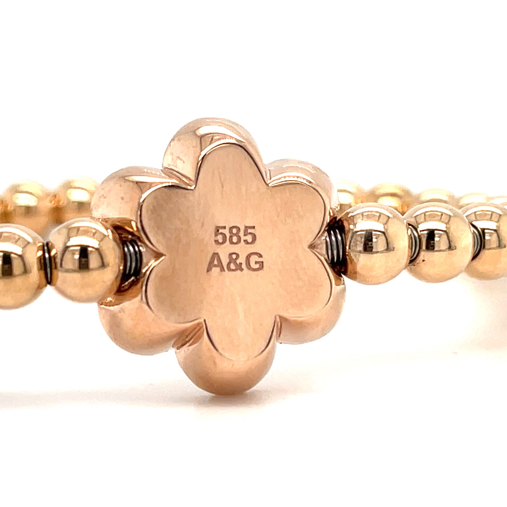 A&G 14k Gold Beaded Flower Stretch Bracelet w/ 1.8ct Pave Diamond Flower