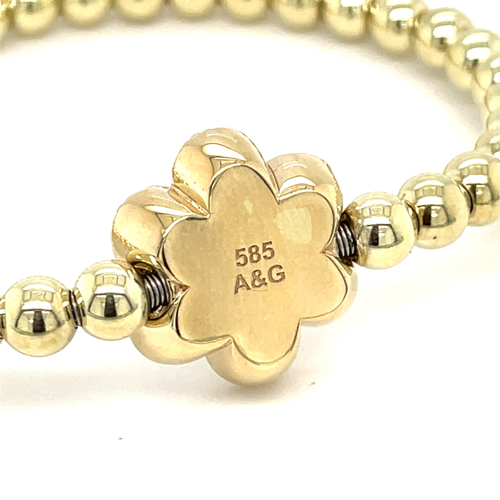 A&G 14k Gold Beaded Flower Stretch Bracelet w/ 1.8ct Pave Diamond Flower