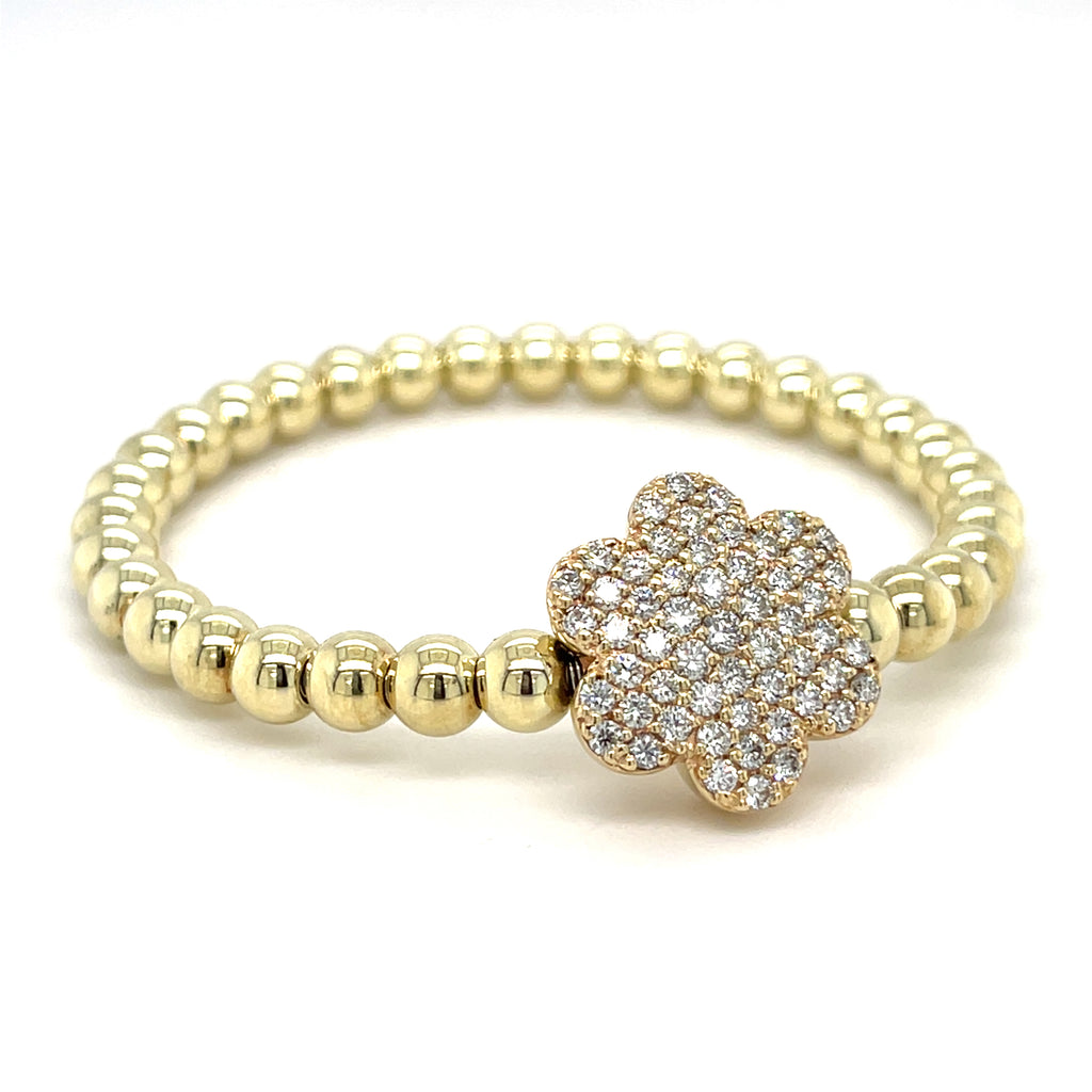 A&G 14k Gold Beaded Flower Stretch Bracelet w/ 1.8ct Pave Diamond Flower