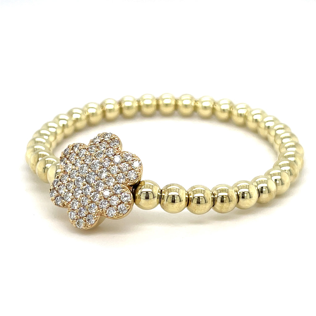 A&G 14k Gold Beaded Flower Stretch Bracelet w/ 1.8ct Pave Diamond Flower