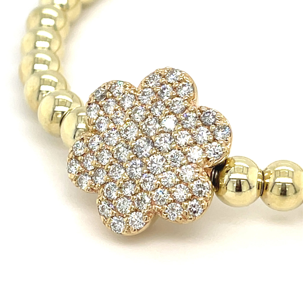 A&G 14k Gold Beaded Flower Stretch Bracelet w/ 1.8ct Pave Diamond Flower