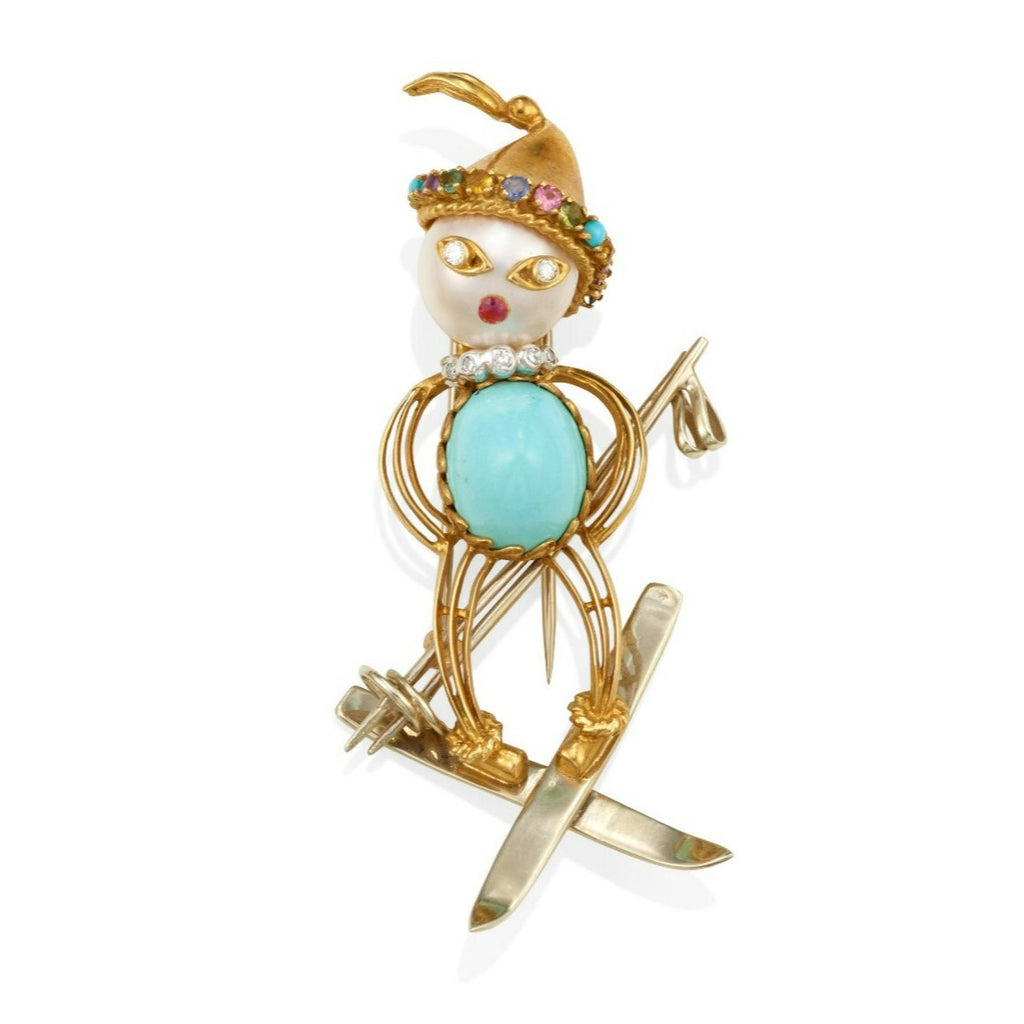 18k Yellow Gold Multi-Gem Figural Skiier Brooch Vintage!