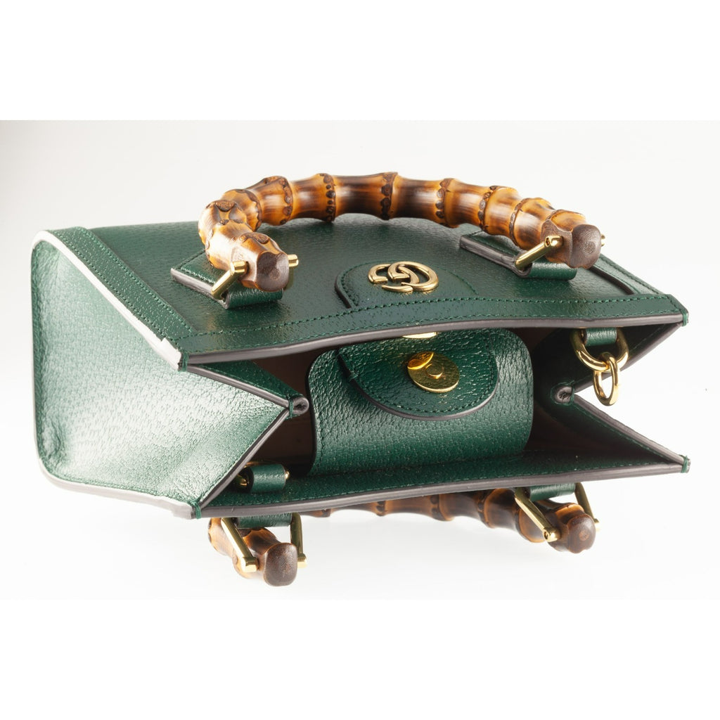 Gucci Mini Diana Green Leather Tote Bag with Bamboo Handles Box Dustbag