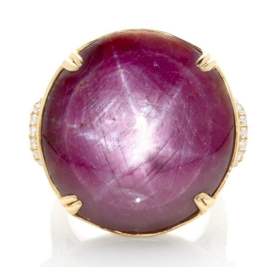 14k Yellow Gold 56.81 Ct Star Ruby Solitaire Ring with Diamond Accents Size 7