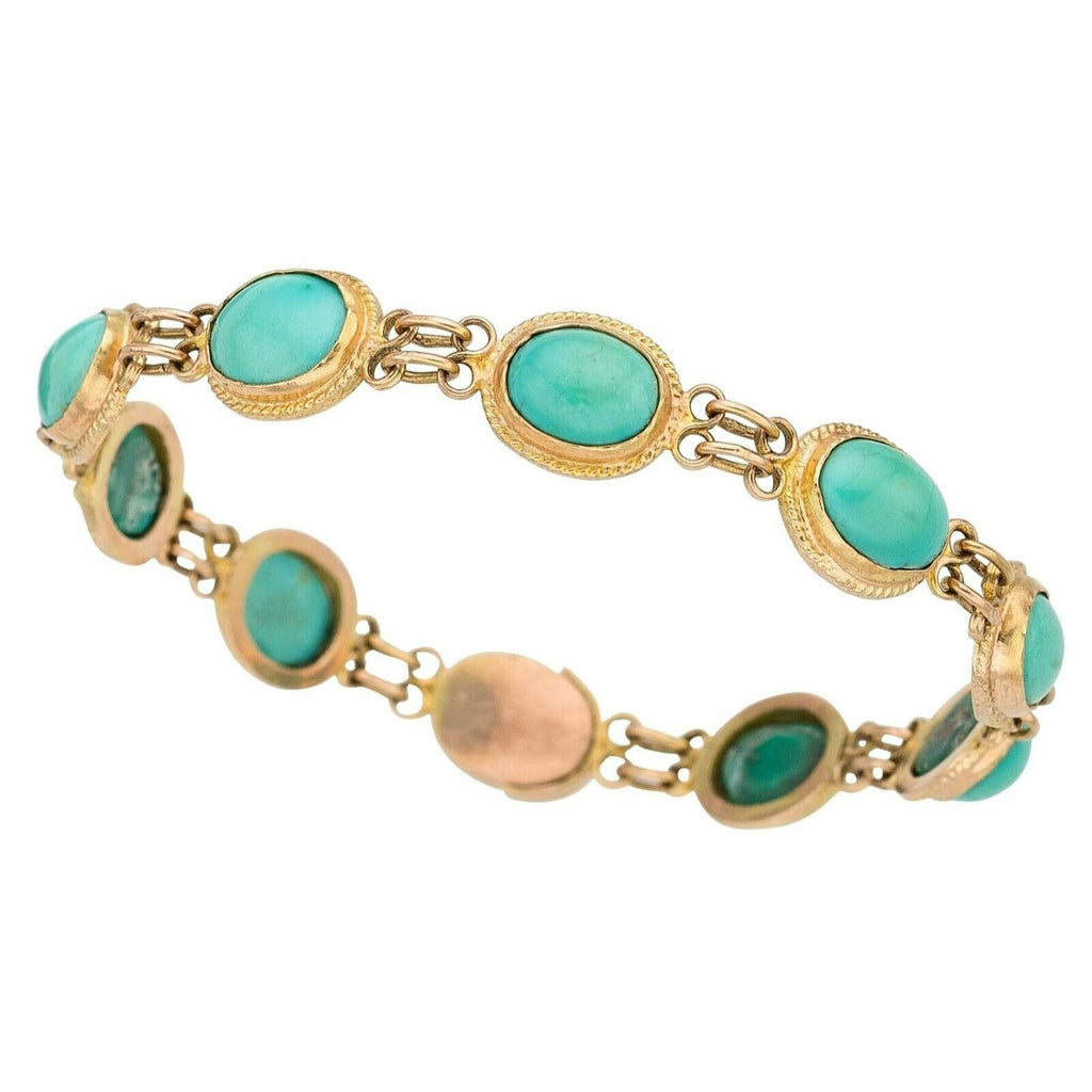 10k Gold, Oval Shaped Turquoise Cabochon Bracelet 7" 11.00 grams