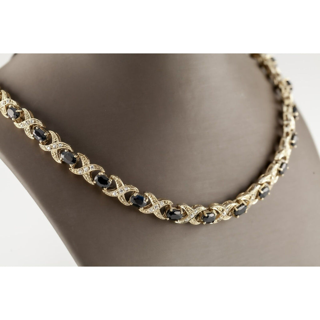 Gorgeous Gold-Plated Sterling Silver Oval Black CZ and X Station Tennis Necklace