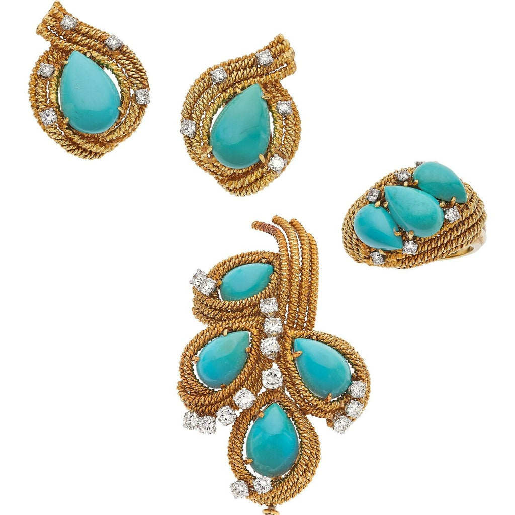David Webb 18k Rose Gold Turquoise and Diamond Jewelry Suite