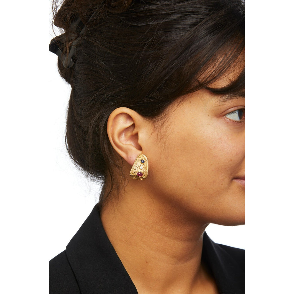 14k Yellow Gold Clip-on Earrings with Ruby, Sapphire and Diamonds.