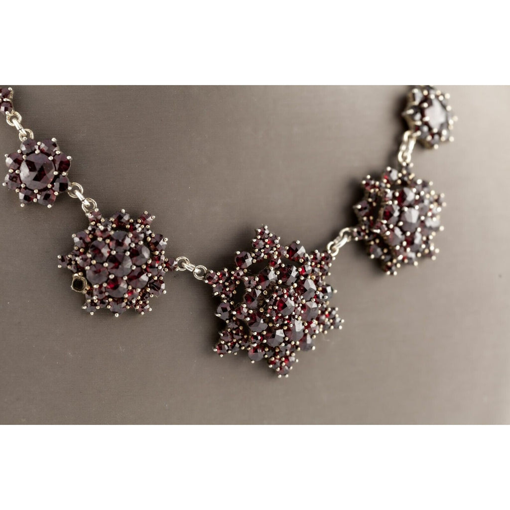 Vintage Bohemian Gilded 800 Silver Garnet Rosette Cluster Necklace 17" Long