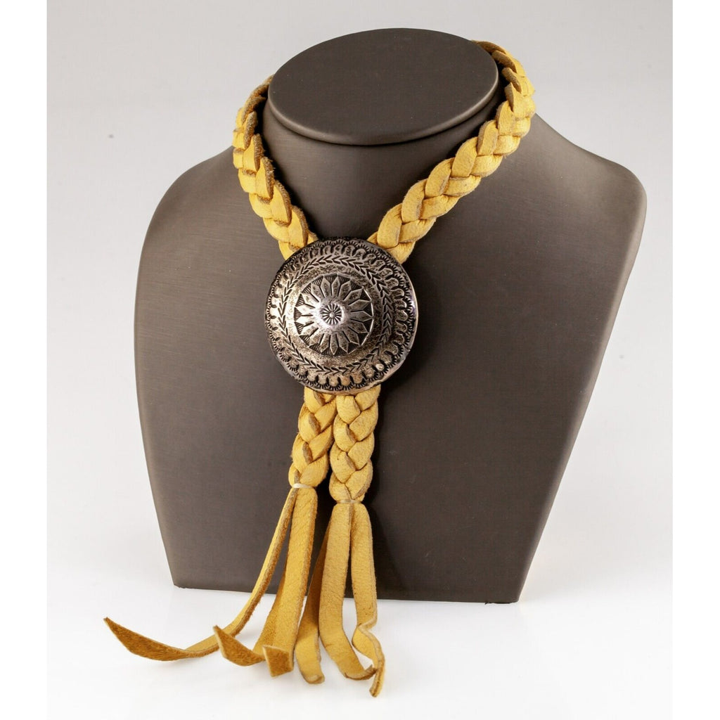 Gorgeous Sterling Silver Plaque Braided Leather Bolo Tie 30"