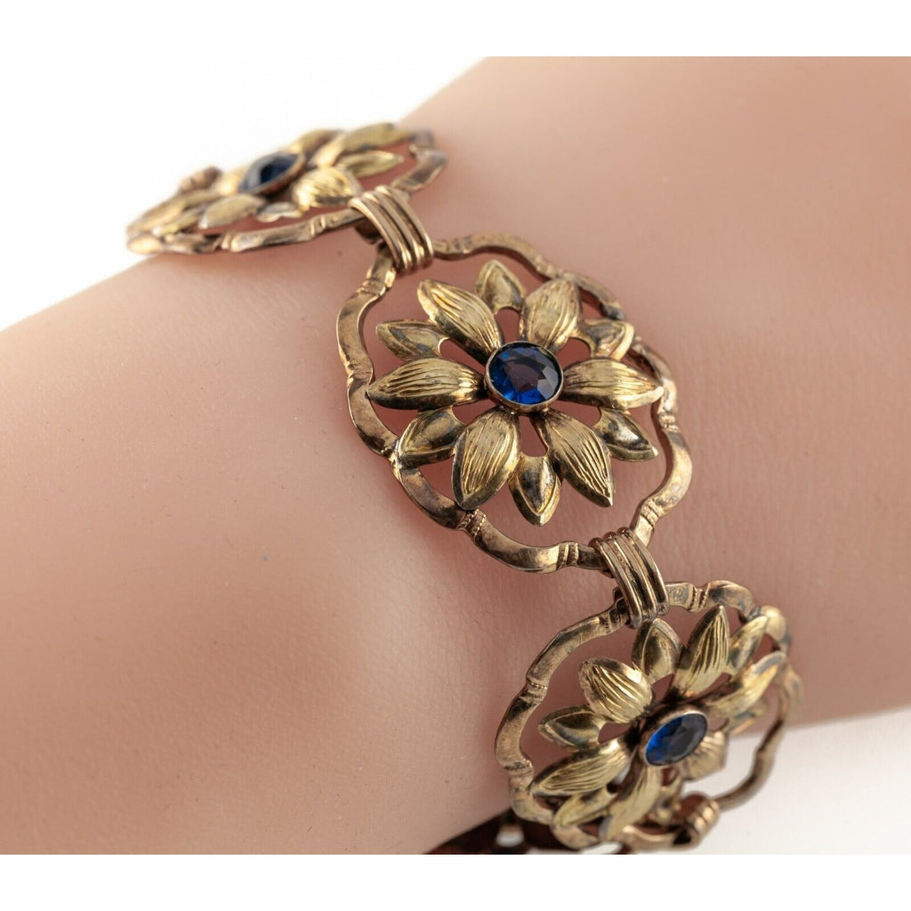 Art Deco 12k Gold Filled on Sterling Silver Faux Saphire Floral Bracelet 7"