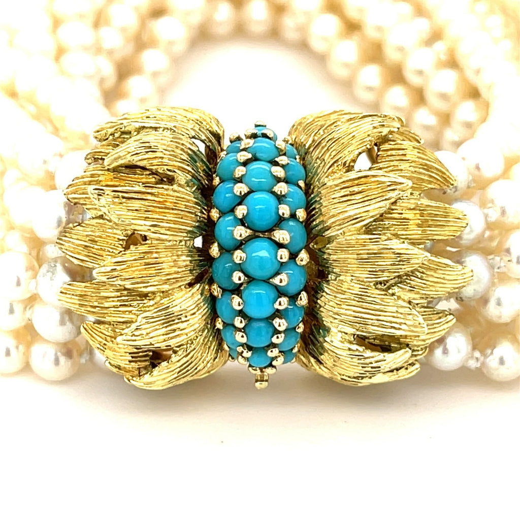 18k Yellow Gold 10-Strand Pearl Bracelet with Turquoise Clasp, 74.7g, Size 7.5”.