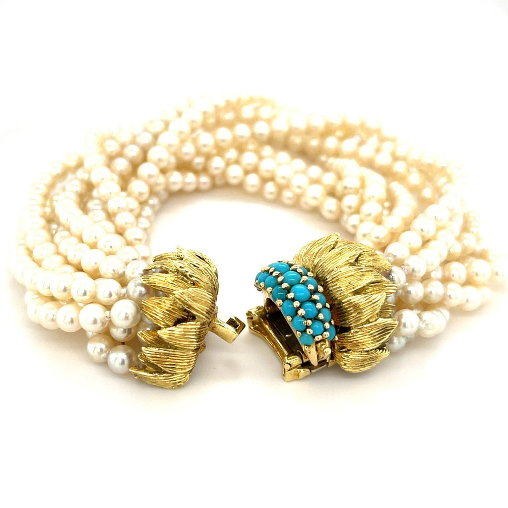 18k Yellow Gold 10-Strand Pearl Bracelet with Turquoise Clasp, 74.7g, Size 7.5”.