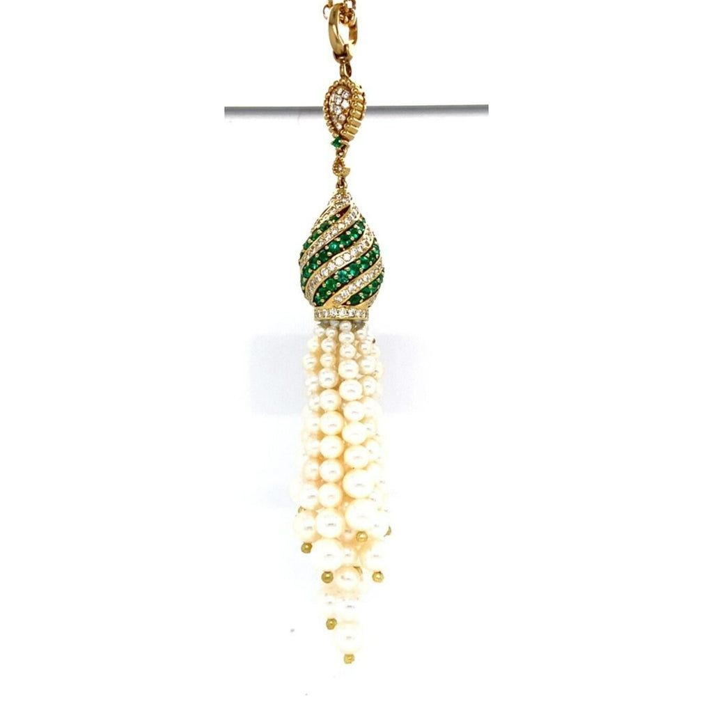 Robert Casarin 18k Gold, Pearl, 1.42ct Emerald and 1.12ct Diamond Necklace 32"