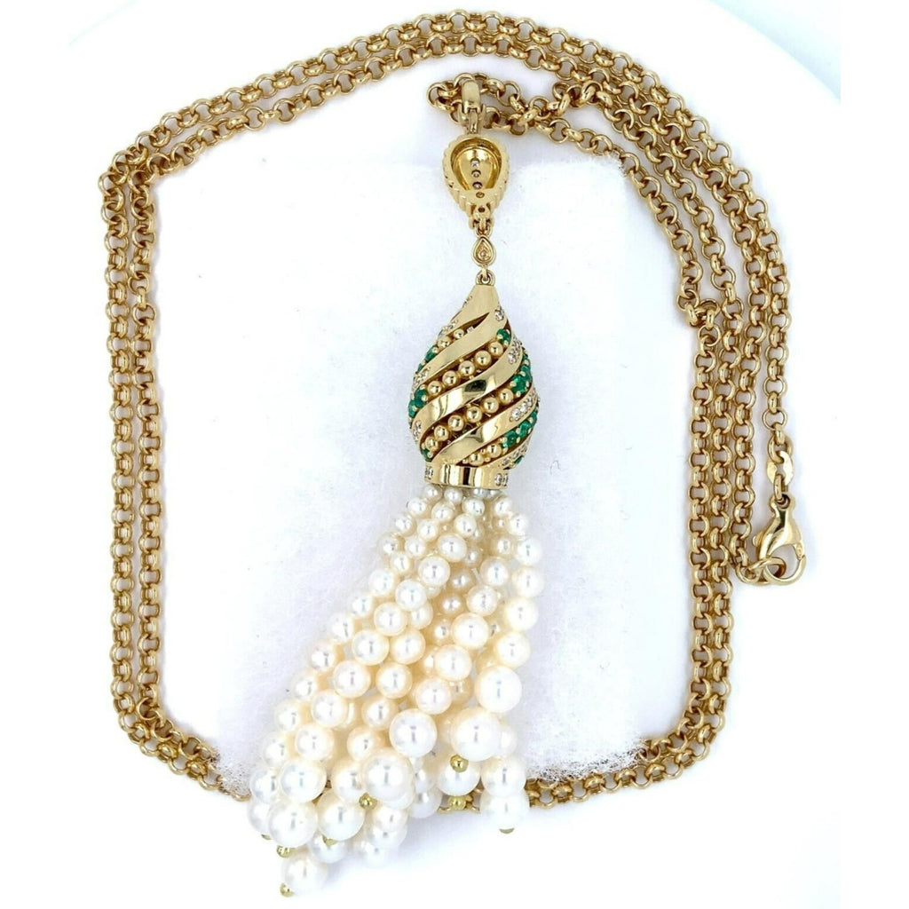 Robert Casarin 18k Gold, Pearl, 1.42ct Emerald and 1.12ct Diamond Necklace 32"