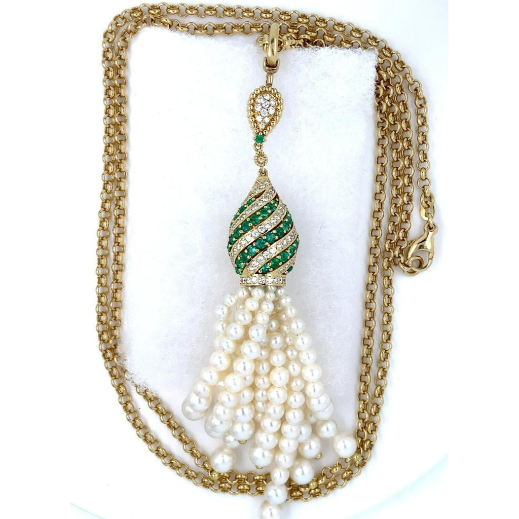 Robert Casarin 18k Gold, Pearl, 1.42ct Emerald and 1.12ct Diamond Necklace 32"
