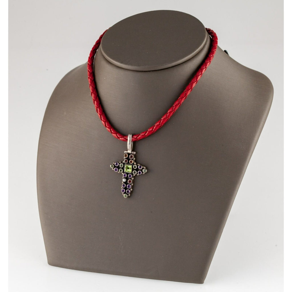 Silver Cross Pendant with Bezel Set Colored Gemstones and Braided Leather Strap