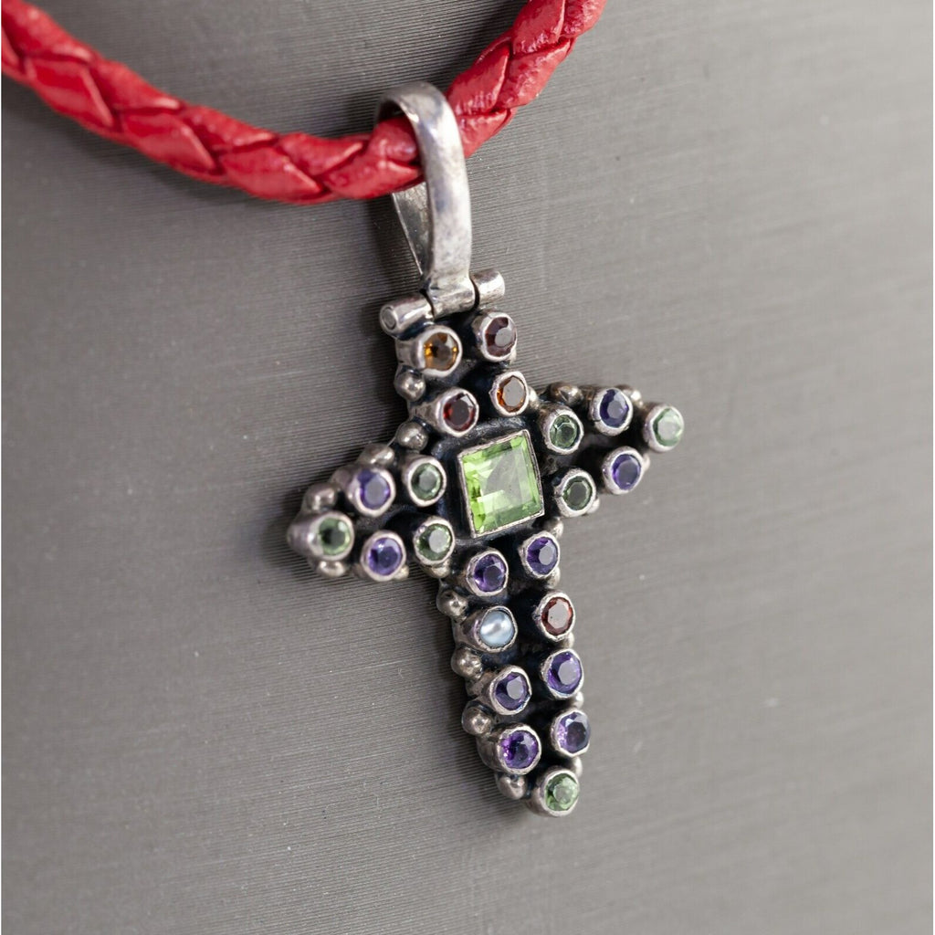 Silver Cross Pendant with Bezel Set Colored Gemstones and Braided Leather Strap