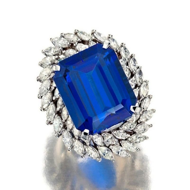 Platinum 23.01 ct Tanzanite Ring w/ 3.76 ct Marquise Diamond Double Bezel Sz 6.5