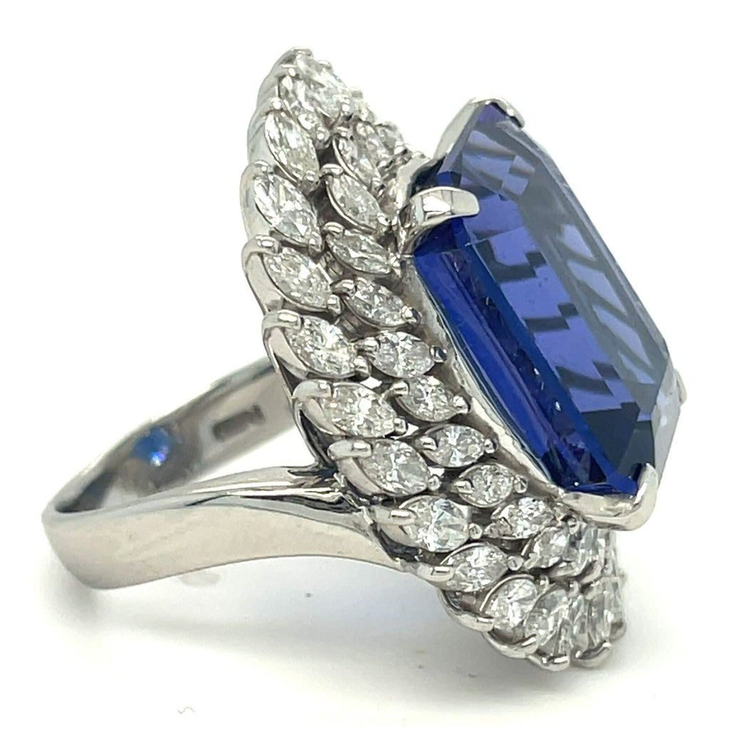 Platinum 23.01 ct Tanzanite Ring w/ 3.76 ct Marquise Diamond Double Bezel Sz 6.5