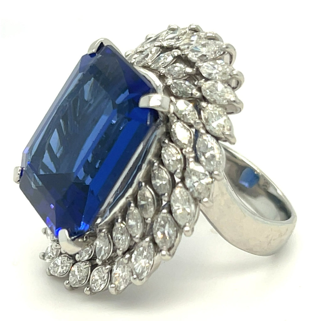 Platinum 23.01 ct Tanzanite Ring w/ 3.76 ct Marquise Diamond Double Bezel Sz 6.5