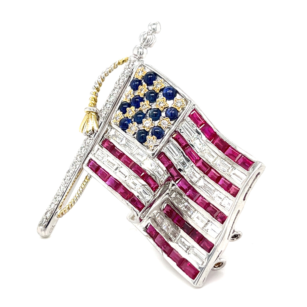 18k White Gold Diamond, Ruby, and Sapphire Gem American Flag USA Brooch