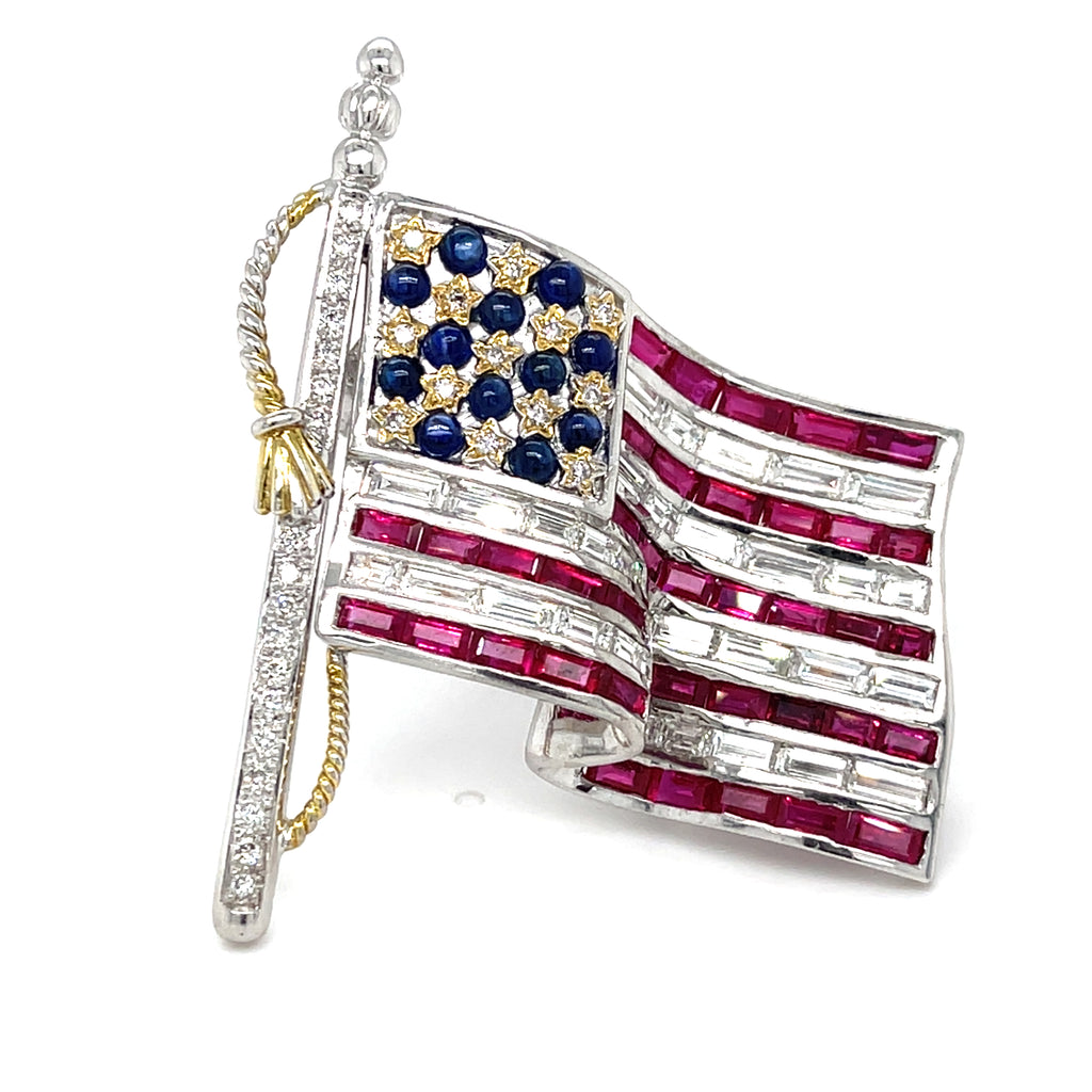 18k White Gold Diamond, Ruby, and Sapphire Gem American Flag USA Brooch