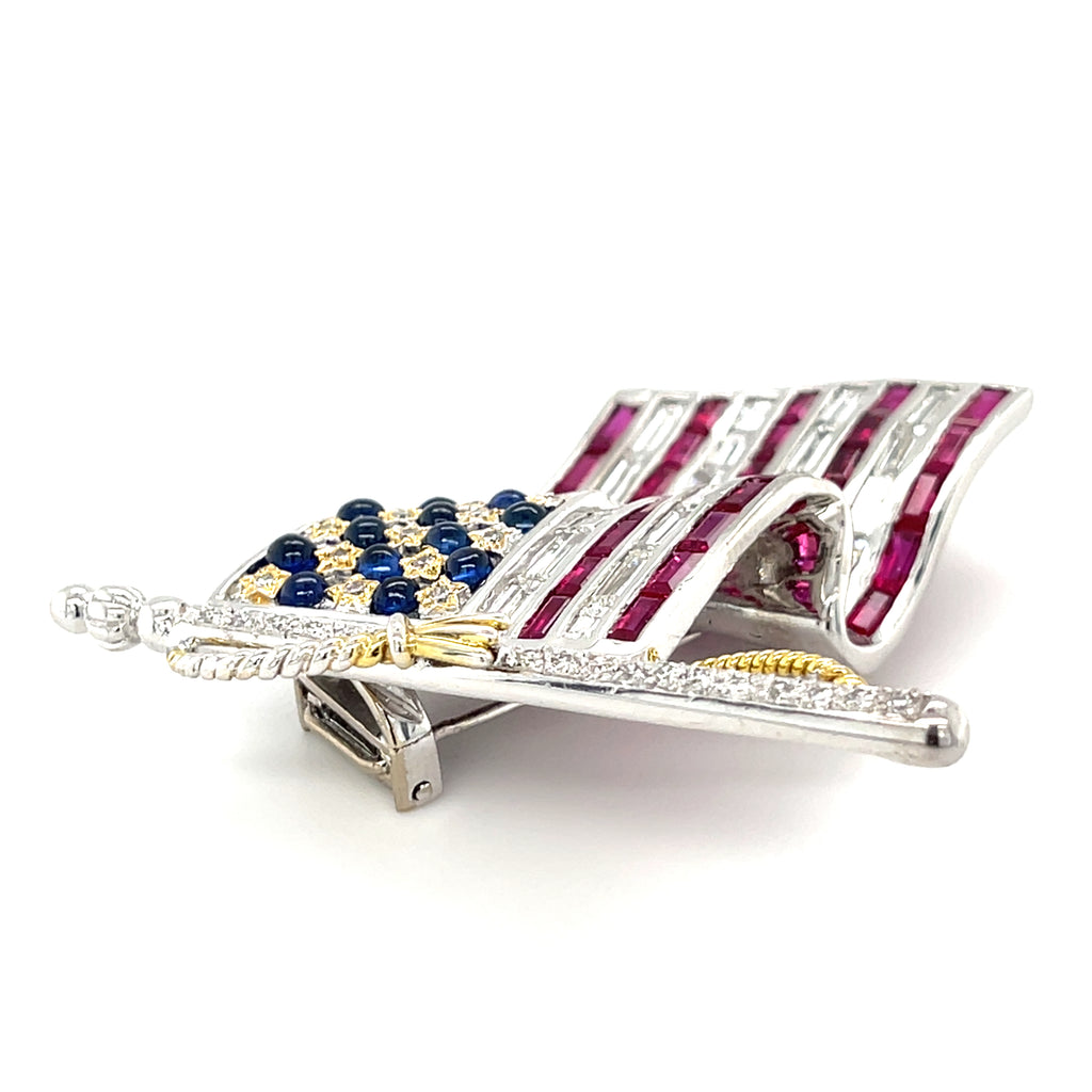 18k White Gold Diamond, Ruby, and Sapphire Gem American Flag USA Brooch