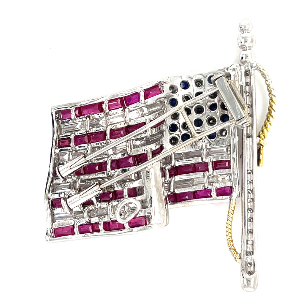 18k White Gold Diamond, Ruby, and Sapphire Gem American Flag USA Brooch
