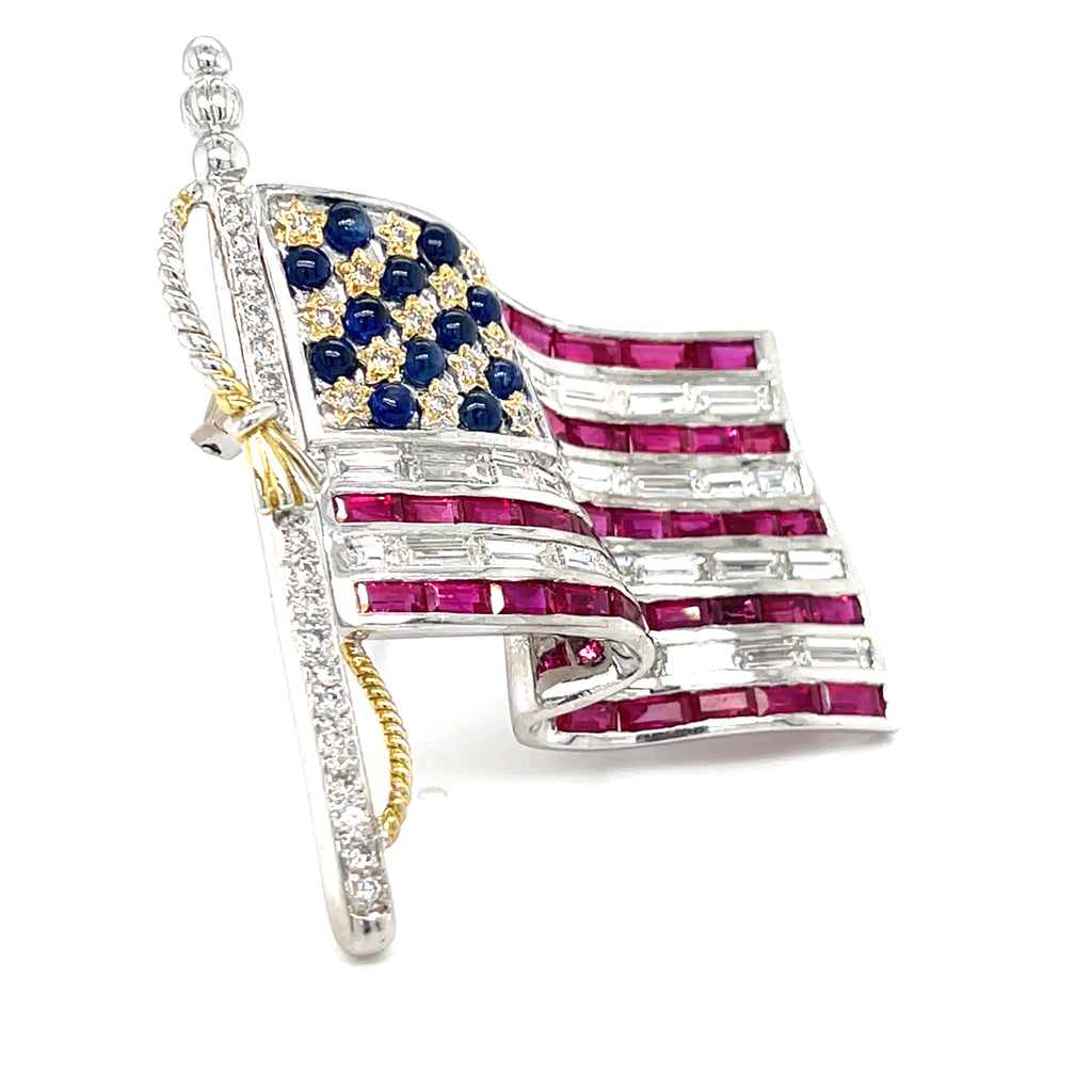 18k White Gold Diamond, Ruby, and Sapphire Gem American Flag USA Brooch