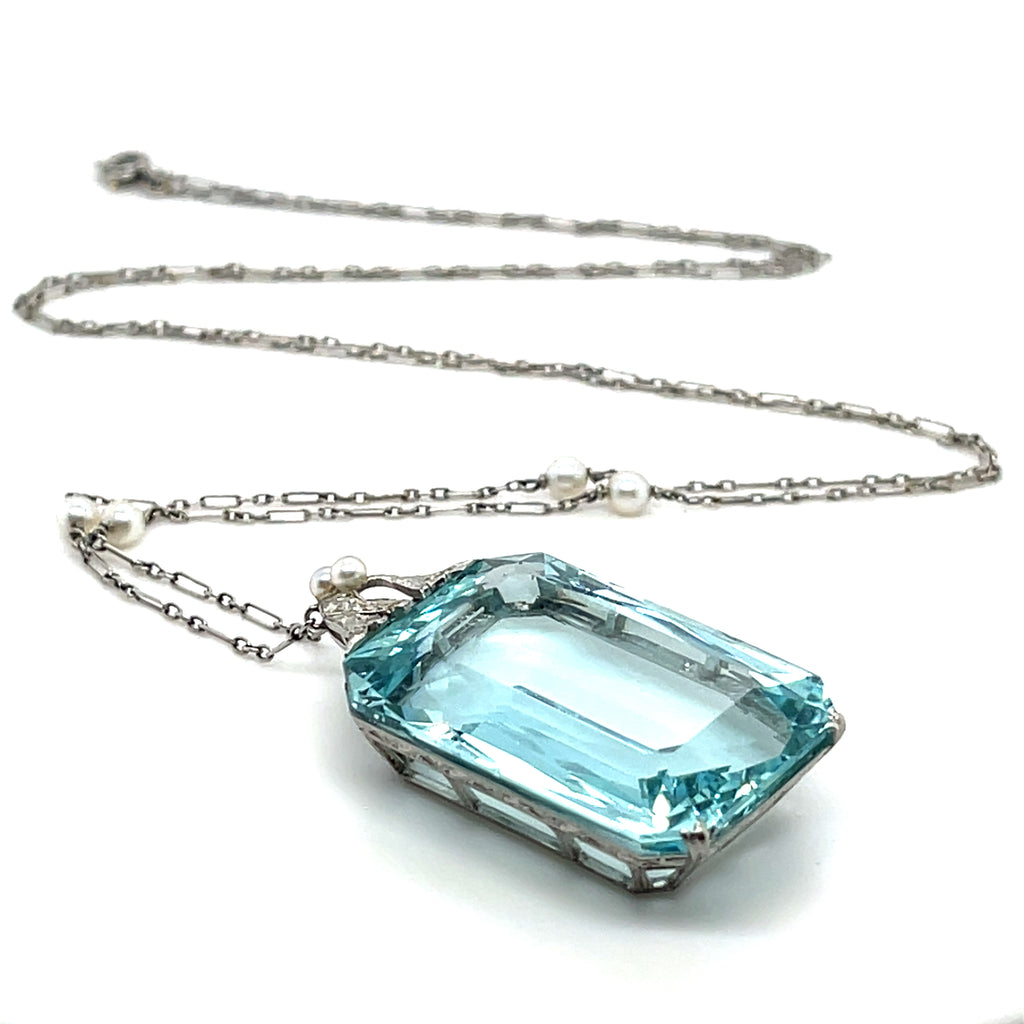 Platinum Necklace W/ Aquamarine Stone, Diamond, & Seed Pearl Pendant