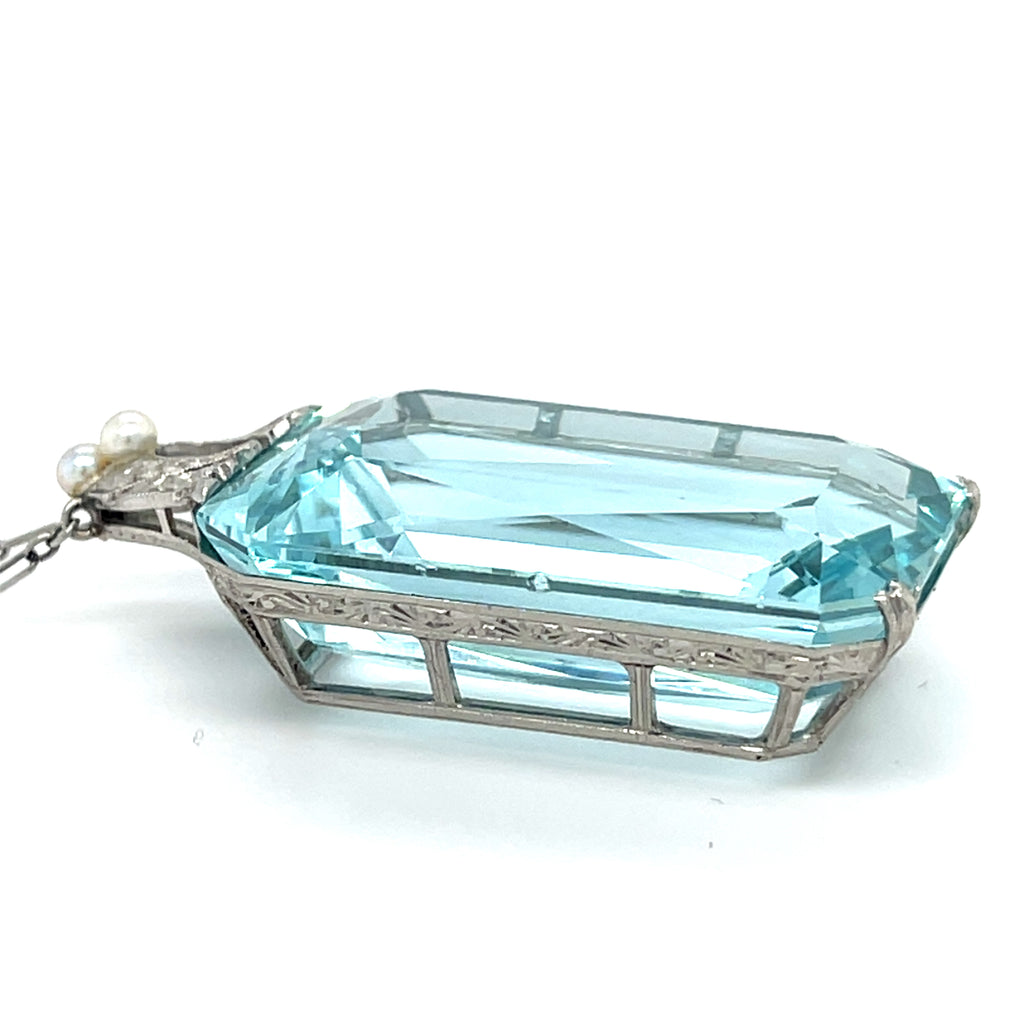 Platinum Necklace W/ Aquamarine Stone, Diamond, & Seed Pearl Pendant