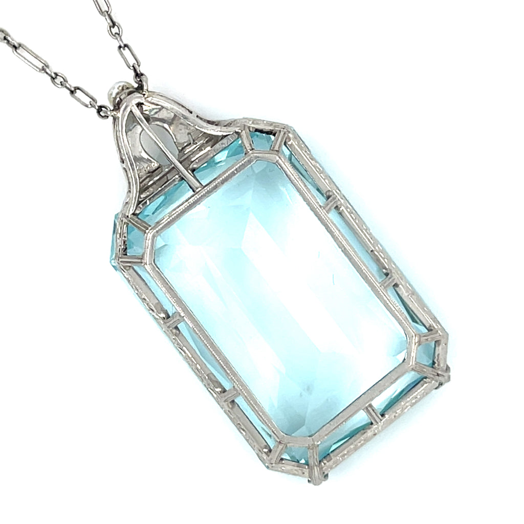 Platinum Necklace W/ Aquamarine Stone, Diamond, & Seed Pearl Pendant