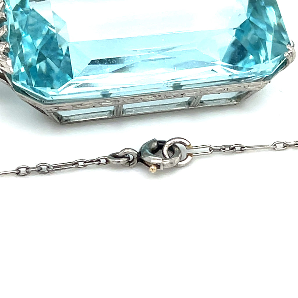 Platinum Necklace W/ Aquamarine Stone, Diamond, & Seed Pearl Pendant