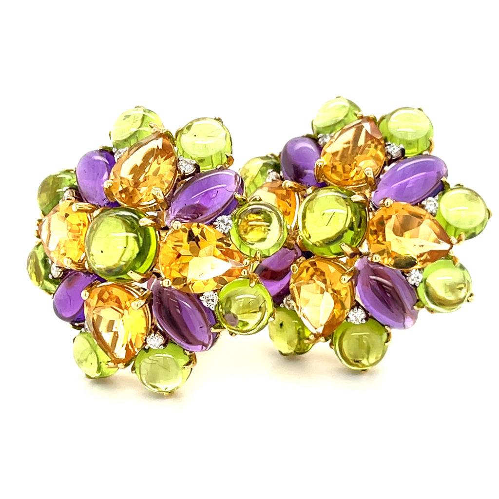 Gorgeous 18k Yellow Gold Gem-Set Floral Earrings Citrine, Amethyst, Peridot