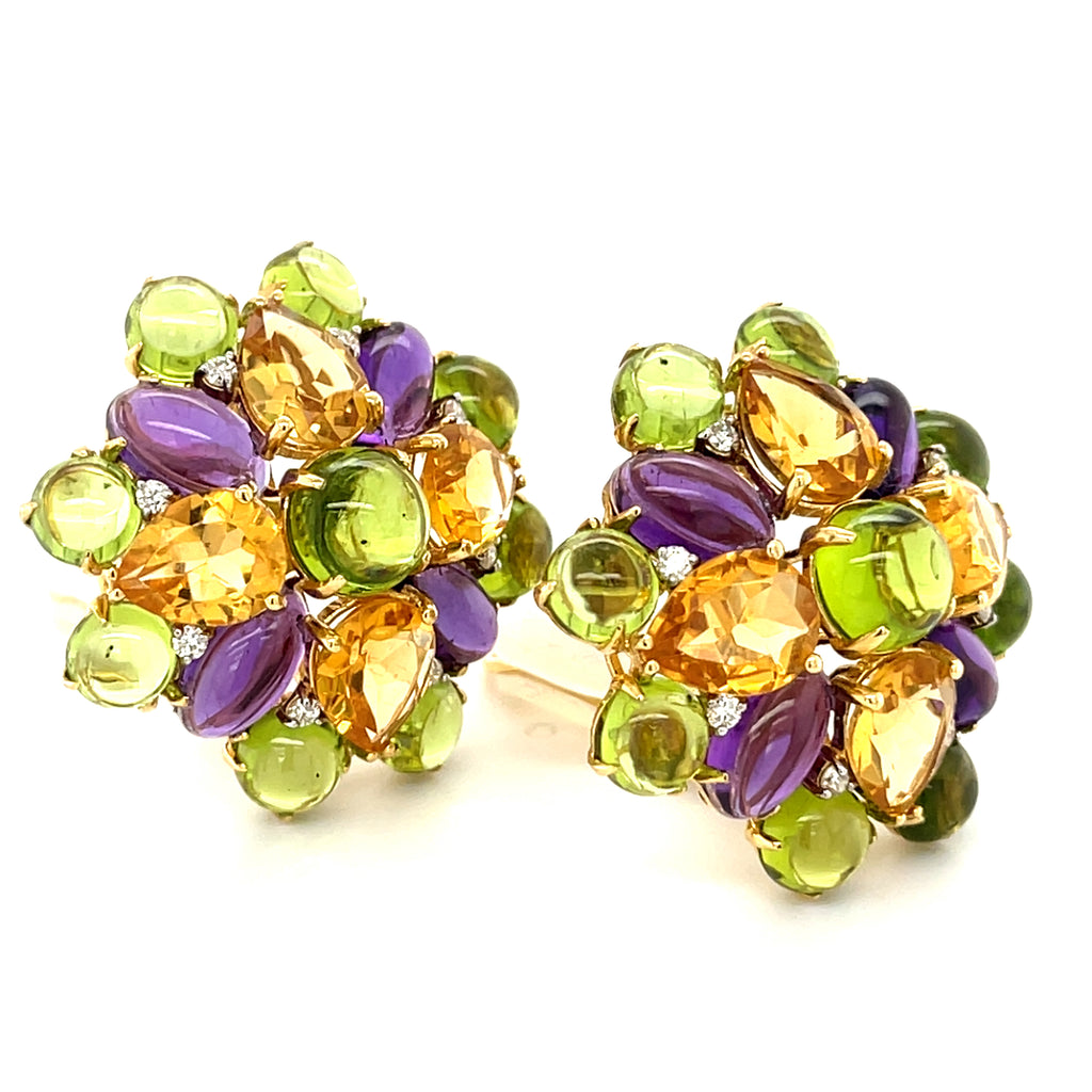 Gorgeous 18k Yellow Gold Gem-Set Floral Earrings Citrine, Amethyst, Peridot