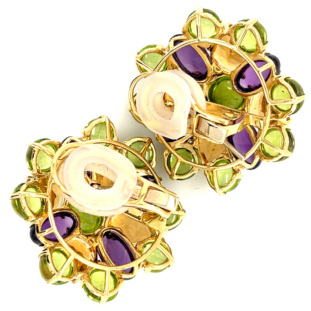 Gorgeous 18k Yellow Gold Gem-Set Floral Earrings Citrine, Amethyst, Peridot