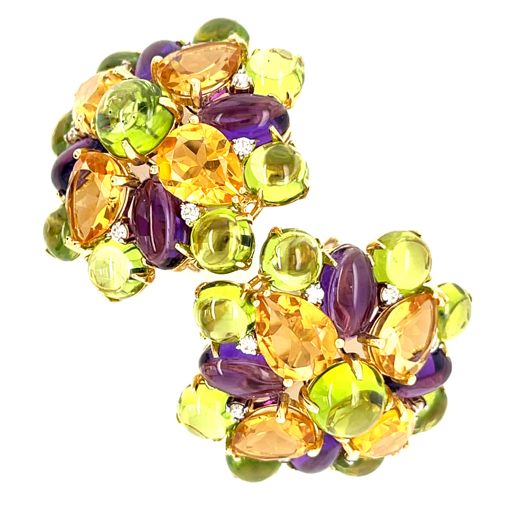 Gorgeous 18k Yellow Gold Gem-Set Floral Earrings Citrine, Amethyst, Peridot