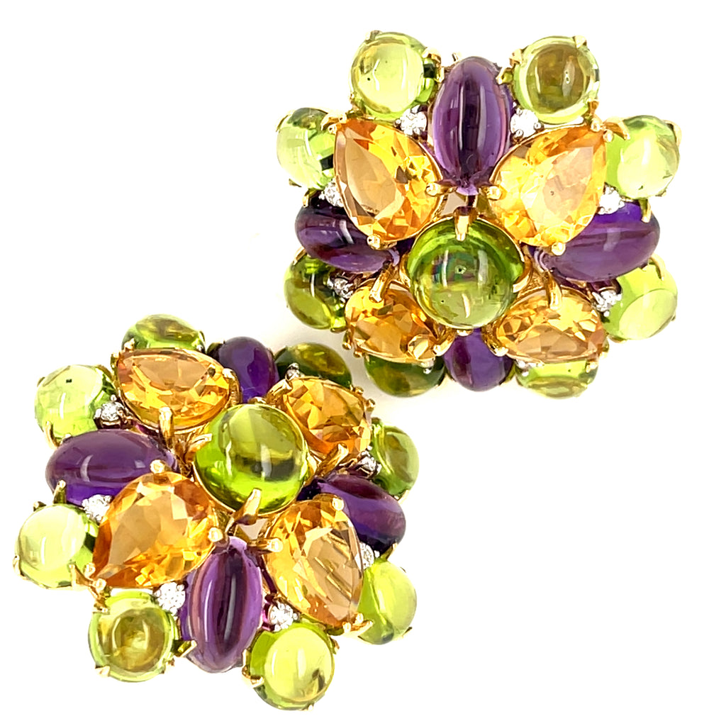 Gorgeous 18k Yellow Gold Gem-Set Floral Earrings Citrine, Amethyst, Peridot