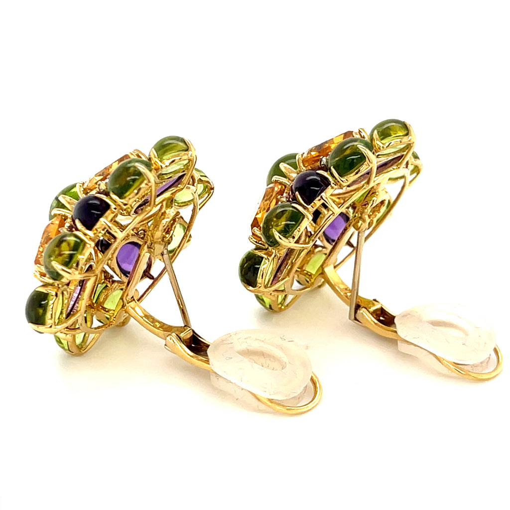 Gorgeous 18k Yellow Gold Gem-Set Floral Earrings Citrine, Amethyst, Peridot