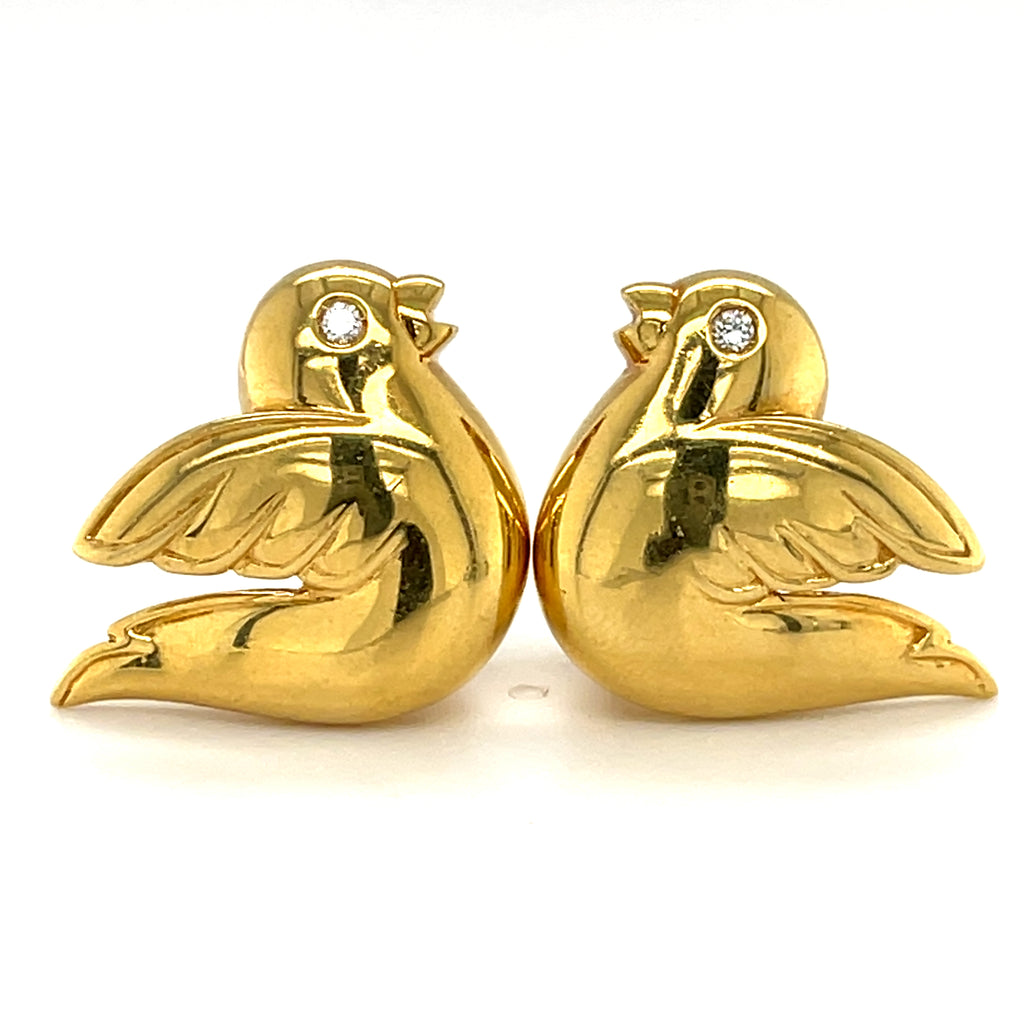 Van Cleef & Arpels 18k Yellow Gold Vintage Dove Ear Clips with Diamond Eyes